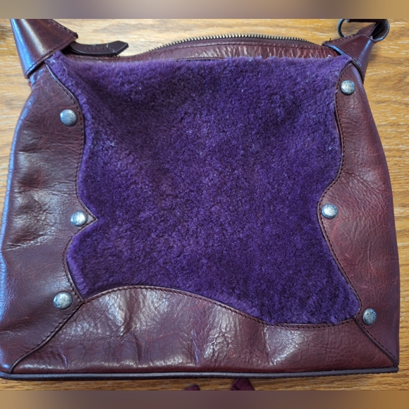 John Fluevog Floral Burgundy Shearling Sling Bag Purse - Picture 11 of 15